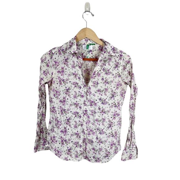 United Colors of Benetton Purple Floral Button Down Shirt Sz XS - Picture 2 of 8